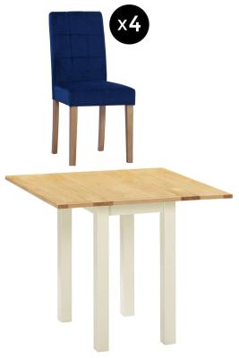 Lundy 24 Seater Ivory Painted Square Drop Leaf Dining Set 4 Ocean Blue Fabric Dining Chair