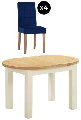 Lundy 46 Seater Ivory Painted Oval Extending Dining Set 4 Ocean Blue Fabric Dining Chair