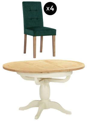 Lundy 24 Seater Ivory Painted Oval Extending Dining Set 4 Forest Green Fabric Dining Chair