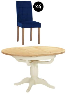 Lundy 24 Seater Ivory Painted Oval Extending Dining Set 4 Ocean Blue Fabric Dining Chair