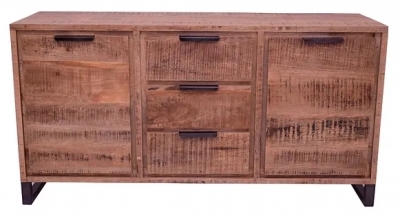 Neota Rough Sawn Mango Wood Medium Sideboard, 145cm with 2 Doors and 3 Drawers with Black Metal U Legs