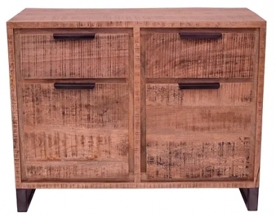 Neota Rough Sawn Mango Wood Small Sideboard, 95cm with 2 Doors and 2 Drawers with Black Metal U Legs