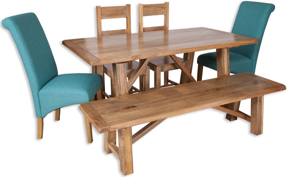 Bombay Mango Wood Dining Set with 2 Wooden and 2 Fabric Chairs and Bench