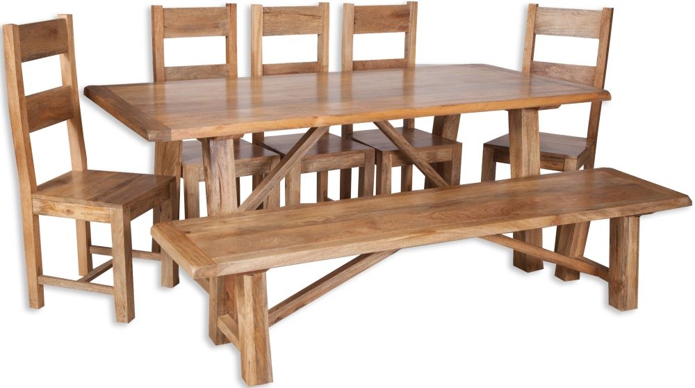 Bombay Mango Wood Dining Set with 5 Wooden Chairs and Bench