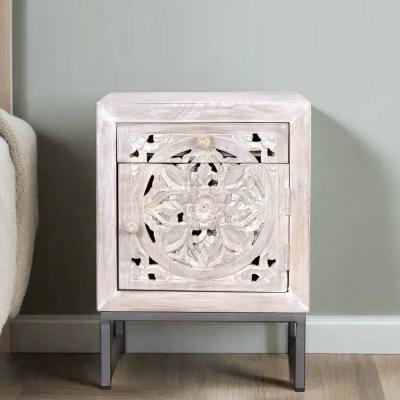 Clearance Quintana White Washed Carved Mango Wood 1 Door Bedside Cabinet Fss16202
