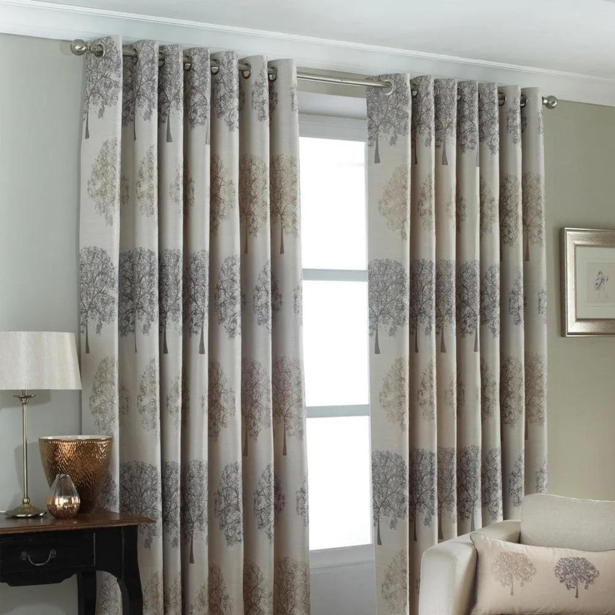 Clearance - Oakdale Tree Silver Motif Eyelet Curtains - 229cm x 137cm - FSS15990