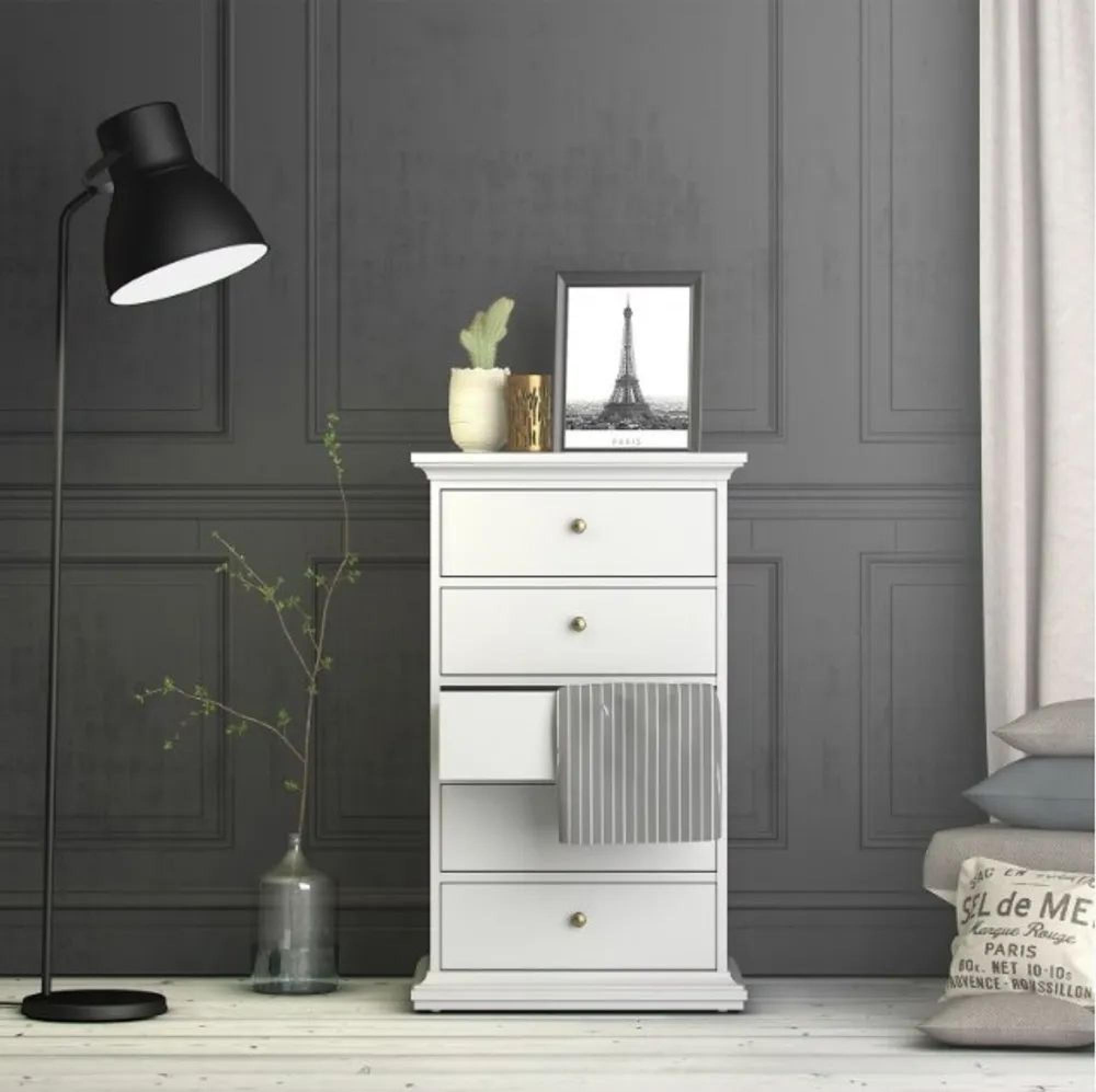 Clearance  - Paris White 5 Drawer Narrow Chest - FSS15964
