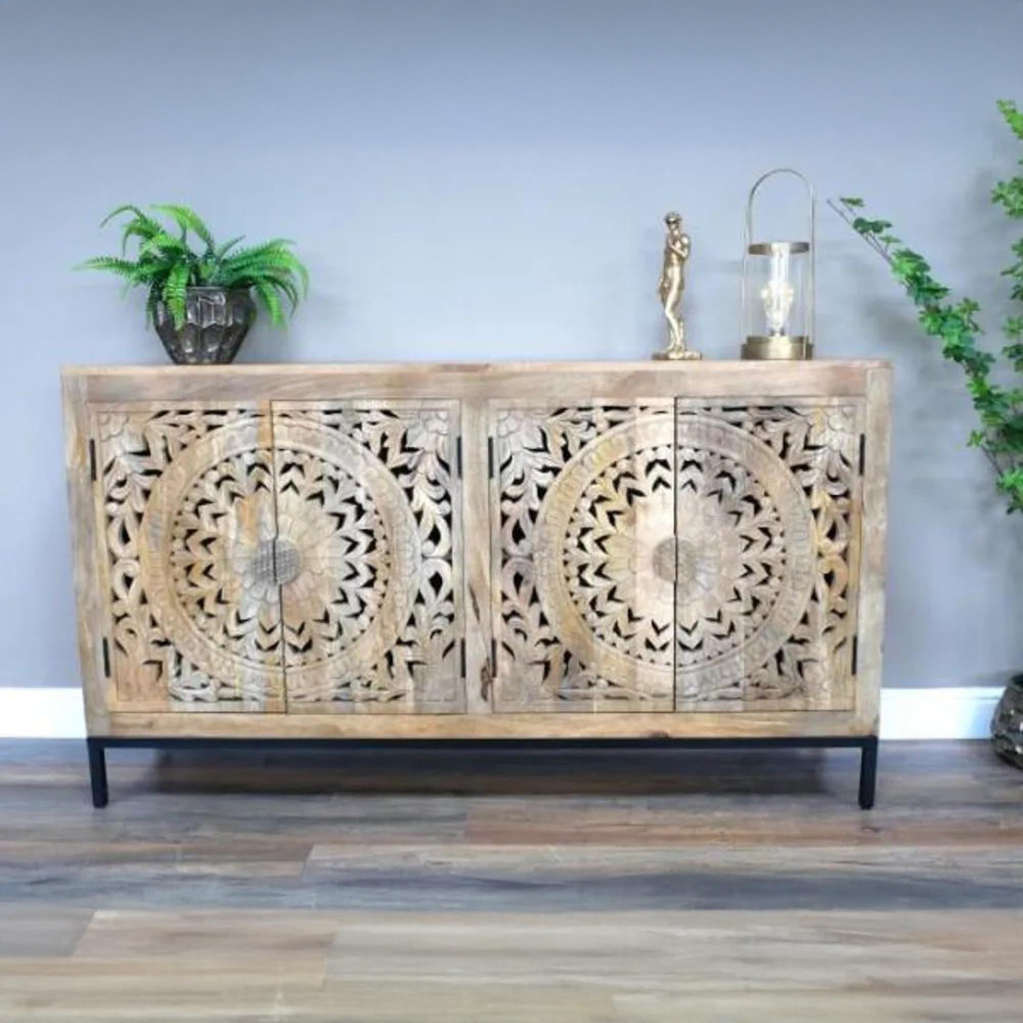 Clearance - Dutch Mango Wood 4 Door 160cm Large Carved Sideboard - A315