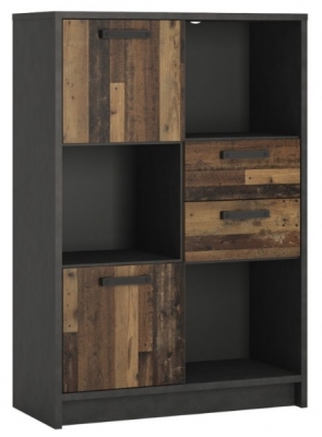 Product photograph of Brooklyn Low Bookcase With 2 Door 2 Drawer In Walnut And Dark Matera Grey from Choice Furniture Superstore
