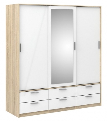 Product photograph of Line Oak Effect And White Gloss 3 Door 6 Drawer Wardrobe from Choice Furniture Superstore