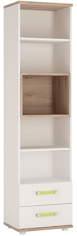 4Kids White and Oak Effect 2 Drawer Narrow Bookcase with Lemon Handle