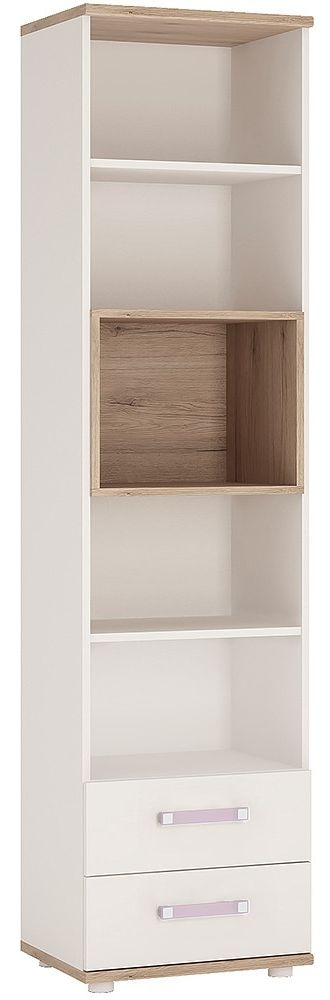 4Kids White and Oak Effect 2 Drawer Narrow Bookcase with Lilac Handle