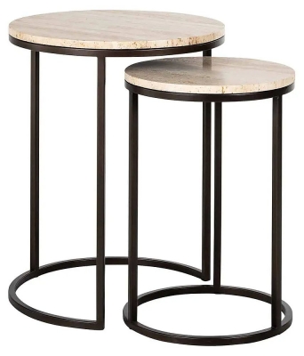 Product photograph of Avalon Travertine Stone And Black Round Side Table Set Of 2 from Choice Furniture Superstore