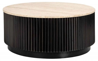 Product photograph of Hampton Travertine Marble And Black Fluted Ribbed Round Coffee Table from Choice Furniture Superstore