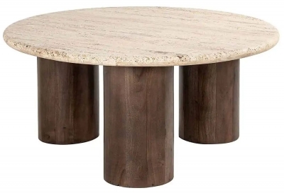 Product photograph of Douglas Travertine Marble And Mango Wood Round Coffee Table from Choice Furniture Superstore