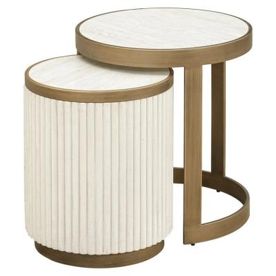 Tivoli White Ribbed Set Of 2 Round End Tables With Gold Trim