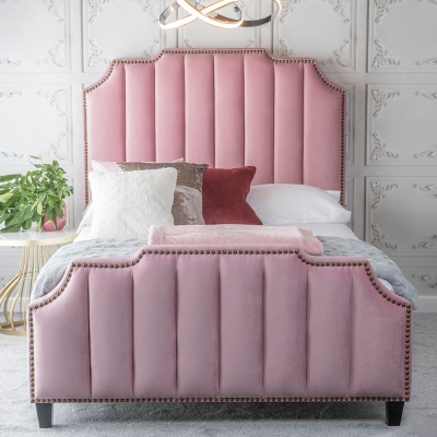 Image of Art Deco Blush Pink Velvet Fabric Upholstered 5ft King Size Bed