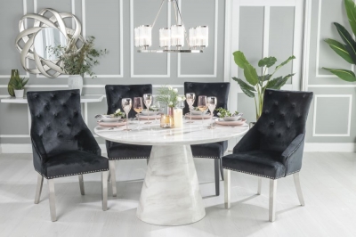 Product photograph of Carrera Marble Dining Table Set For 4 To 6 Diners 130cm Round White Top With Cone Pedestal Base - Black Knockerback Chairs from Choice Furniture Superstore