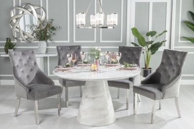 Product photograph of Carrera Marble Dining Table Set For 4 To 6 Diners 130cm Round White Top With Cone Pedestal Base - Grey Knockerback Chairs from Choice Furniture Superstore
