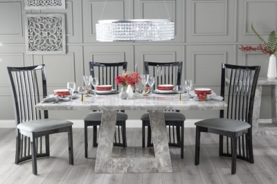 Product photograph of Milan Marble Dining Table Set Rectangular Grey Top And Triangular Pedestal Base With Athena Walnut And Cream Fabric Chairs from Choice Furniture Superstore