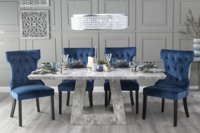 Product photograph of Milan Marble Dining Table Set Rectangular Grey Top And Triangular Pedestal Base With Courtney Blue Fabric Chairs from Choice Furniture Superstore