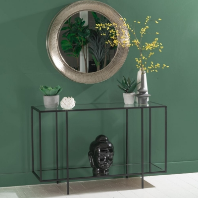 Product photograph of Clearance - Hyde Black Metal Console Table Clear Glass Top With Mirrored Bottom Shelf from Choice Furniture Superstore