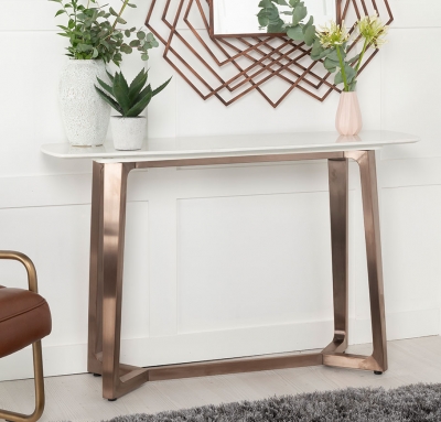 Product photograph of Clearance - Aurora Marble Console Table White Rectangular Top With Bronze Copper Finish Steel Base from Choice Furniture Superstore