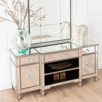 Product photograph of Antoinette Mirrored Tv Unit With Champagne Trim from Choice Furniture Superstore