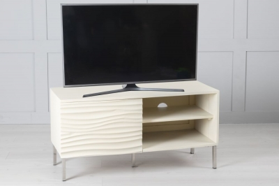 Clearance - Wave Mango Wood TV Unit, Bone White Ripple Pattern 100cm Wide, Stand Upto 32in Plasma - 1 Door with 2 Shelf