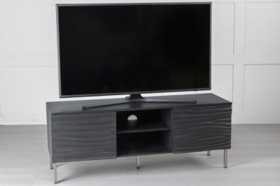 Clearance - Wave Mango Wood TV Unit, Charcoal Grey Ripple Pattern 130cm Wide, Stand Upto 50in Plasma - 2 Door with 3 Shelf