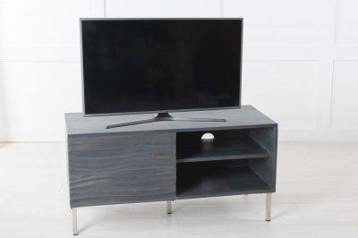 Clearance - Wave Mango Wood TV Unit, Charcoal Grey Ripple Pattern 100cm Wide, Stand Upto 32in Plasma - 1 Door with 2 Shelf