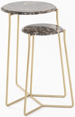 Clearance - Trio Marble Side Tables, Brown Emperador Round Top with Gold Metal Base - Set of 2