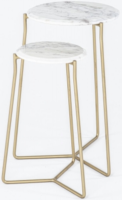 Clearance - Trio Marble Side Tables, White Round Top with Gold Metal Base - Set of 2