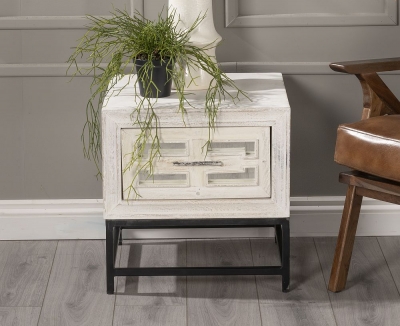 Clearance - Geo White Mirrored Side Table - 1 Drawer