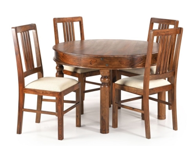 Product photograph of Maharani Sheesham Dining Table Set For 4 Diners 120cm Round Indian Wood Top With 4 Legs - 4 Slatted Back Chairs from Choice Furniture Superstore