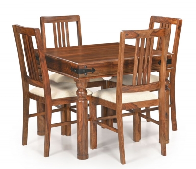 Product photograph of Maharani Sheesham Dining Table Set For 4 Diners 90cm Square Indian Wood Top With 4 Legs - 4 Slatted Back Chairs from Choice Furniture Superstore