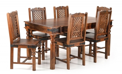 Product photograph of Maharani Sheesham Dining Table Set For 6 Diners 160cm Rectangular Indian Wood Top With 4 Turned Legs - 6 Chairs from Choice Furniture Superstore