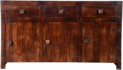 Clearance Dakota Mango Wood Sideboard Indian Dark Walnut Rustic Finish 135cm Medium Cabinet 3 Door With 3 Drawers