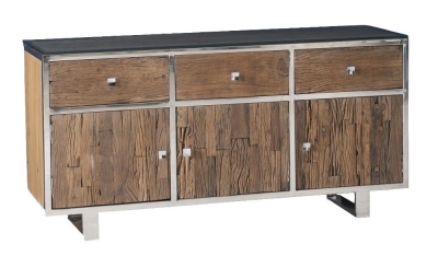 Product photograph of Railway Sleeper 3 Door Sideboard With Glass Top 150cm Large Cabinet With Stainless Steel Trim Made From Reclaimed Wood from Choice Furniture Superstore