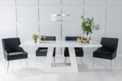 Product photograph of Milan Marble Dining Table Set Rectangular White Top And Triangular Pedestal Base With Giovanni Black Fabric Chairs from Choice Furniture Superstore