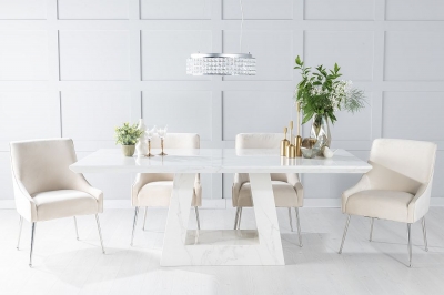 Product photograph of Milan Marble Dining Table Set Rectangular White Top And Triangular Pedestal Base With Giovanni Champagne Fabric Chairs from Choice Furniture Superstore