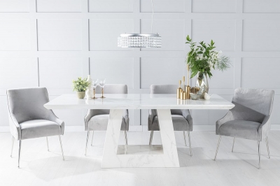 Product photograph of Milan Marble Dining Table Set Rectangular White Top And Triangular Pedestal Base With Giovanni Light Grey Fabric Chairs from Choice Furniture Superstore
