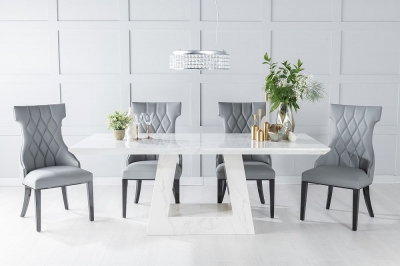 Product photograph of Milan Marble Dining Table Set Rectangular White Top And Triangular Pedestal Base With Mimi Grey Faux Leather Chairs from Choice Furniture Superstore