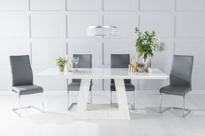 Product photograph of Milan Marble Dining Table Set Rectangular White Top And Triangular Pedestal Base With Malibu Dark Grey Faux Leather Chairs from Choice Furniture Superstore