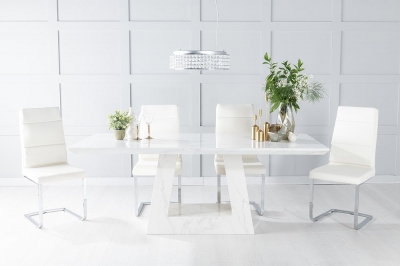 Product photograph of Milan Marble Dining Table Set Rectangular White Top And Triangular Pedestal Base With Arabella Cream Faux Leather Chairs from Choice Furniture Superstore