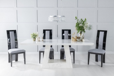Product photograph of Milan Marble Dining Table Set Rectangular White Top And Triangular Pedestal Base With Alpine Black And Grey Fabric Chairs from Choice Furniture Superstore