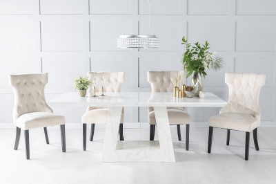 Product photograph of Milan Marble Dining Table Set Rectangular White Top And Triangular Pedestal Base With Courtney Champagne Fabric Chairs from Choice Furniture Superstore