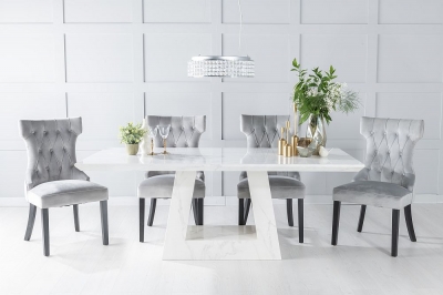 Product photograph of Milan Marble Dining Table Set Rectangular White Top And Triangular Pedestal Base With Courtney Light Grey Fabric Chairs from Choice Furniture Superstore