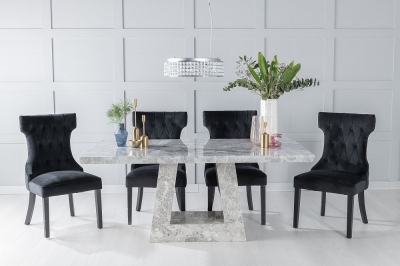 Product photograph of Milan Marble Dining Table Set Rectangular Grey Top And Triangular Pedestal Base With Courtney Black Fabric Chairs from Choice Furniture Superstore