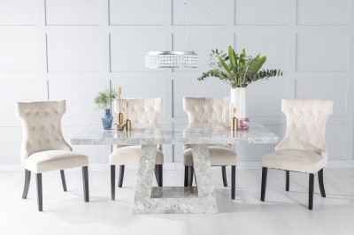 Product photograph of Milan Marble Dining Table Set Rectangular Grey Top And Triangular Pedestal Base With Courtney Champagne Fabric Chairs from Choice Furniture Superstore